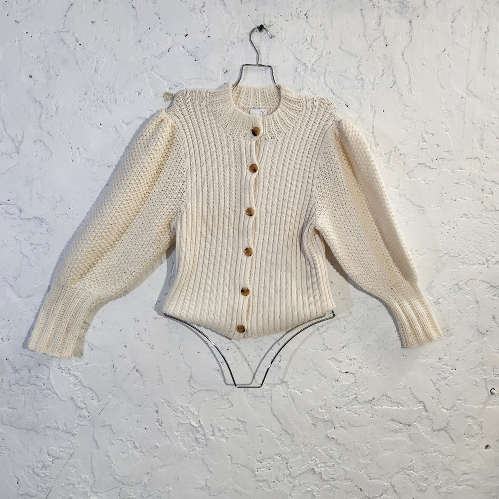 TSE Wool Cashmere Blend Button Dowm Ivory White Balloon Sleeve Knit Sweater - Picture 4 of 12